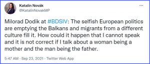 Novák Katalin családminiszter népszerűsíti a Twitteren Milorad Dodik magasröptű gondolatait (Twitter)
