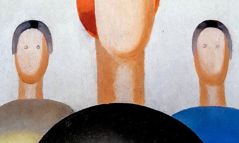 Golyóstollal rajzolt szemeket egy avantgárd festmény alakjainak