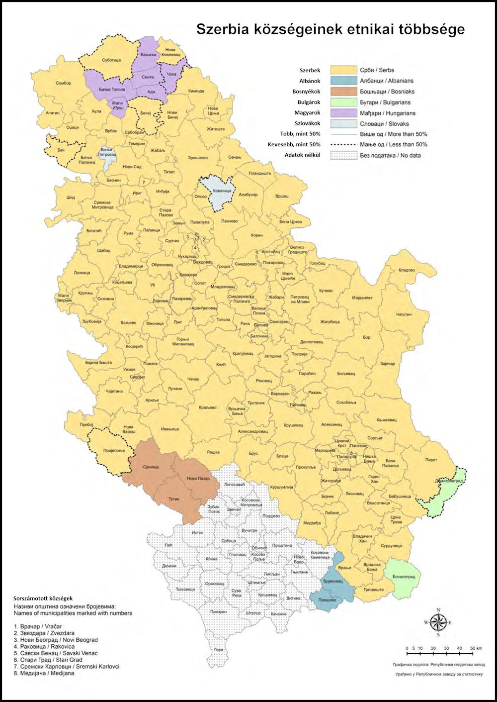 Szerbia községeinek etnikai többsége 2022-ben (Köztársasági Statisztikai Intézet)